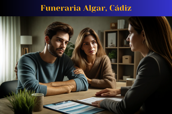 Una imagen horizontal en primer plano de una atractiva pareja joven, de entre 35 y 50 años, discutiendo los preparativos del funeral con un profesional funerario. El matrimonio, de Algar, Cádiz, está sentado a una mesa y sus expresiones reflejan una mezcla de tristeza y paz. La profesional, una atractiva mujer de 35 años, explica los servicios de un funeral privado. El ambiente es una oficina moderna, con papeles, un ordenador portátil y una taza de café sobre la mesa. Al fondo, una estantería contiene varios libros y una planta. La escena captura una atmósfera sombría pero tranquila, sin sonrisas, enfatizando la confianza y el respeto. La imagen incluye el texto "https://www.funerariaencadiz.com/" en español.