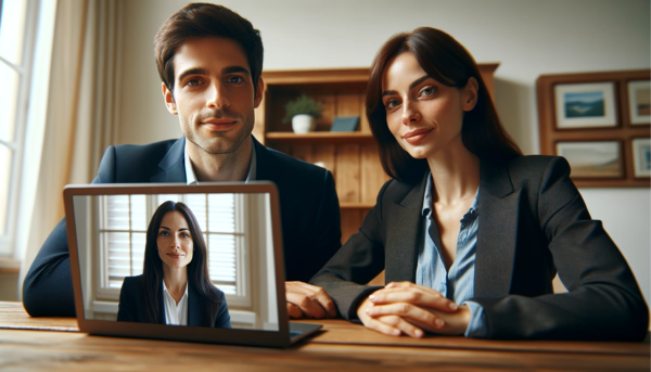 Una imagen horizontal en primer plano muestra a un atractivo matrimonio joven, de entre 35 y 50 años, en una videollamada. La pareja se sienta en una mesa de madera, mirando la pantalla de una computadora portátil frente a ellos. El hombre tiene el pelo corto y oscuro y viste un traje azul oscuro y una camisa blanca. La mujer tiene el pelo castaño hasta los hombros y viste una chaqueta oscura y una blusa azul. En la pantalla habla una joven y atractiva directora de funeraria, una mujer de unos 35 años, con el pelo negro hasta los hombros. Las expresiones de la pareja reflejan calma y confianza, sin sonreír. Una pequeña nota en español menciona: https://www.funerariaencadiz.com/.