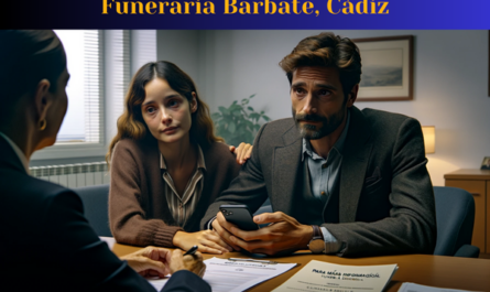 Una escena en primer plano de un atractivo matrimonio de entre 35 y 50 años, hablando con un representante del servicio funerario en una oficina. La pareja, un hombre y una mujer, está vestida con un atuendo sombrío pero informal, que refleja una ocasión triste. El hombre sostiene un teléfono inteligente y habla por él, mientras la mujer escucha atentamente. Ambos tienen expresiones de confianza y serenidad. Sentada frente a ellos hay una joven agente del servicio funerario, una mujer de unos 30 años, vestida profesionalmente con un traje oscuro. La oficina es modesta, con un escritorio y algunos papeles encima. El texto en español al pie de la imagen dice: "Para más información: https://www.funerariaencadiz.com/". La ubicación es Barbate, Provincia de Cádiz, España.