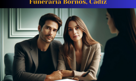 Una imagen en primer plano de un atractivo matrimonio, de entre 35 y 50 años, sentados juntos y entablando una entrevista personal con un atractivo director de funeraria de 35 años. Las expresiones de la pareja son sombrías y reflejan tristeza pero también confianza y paz. La directora de la funeraria, una mujer joven de aspecto profesional, se sienta frente a ellos con una expresión seria pero compasiva, guiándolos a través del proceso de organización de un funeral privado. El fondo sugiere un entorno profesional, con colores apagados para transmitir una atmósfera respetuosa y tranquila. En la parte inferior, un pie de foto en español dice: 'https://www.funerariaencadiz.com/' indicando el sitio web de la empresa. Son vecinos de Bornos, localidad de la provincia de Cádiz.