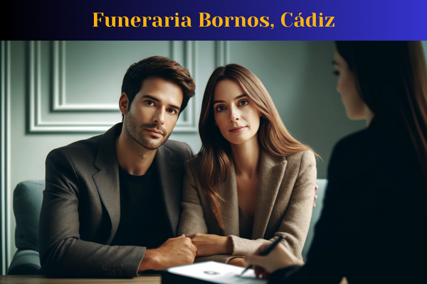 Una imagen en primer plano de un atractivo matrimonio, de entre 35 y 50 años, sentados juntos y entablando una entrevista personal con un atractivo director de funeraria de 35 años. Las expresiones de la pareja son sombrías y reflejan tristeza pero también confianza y paz. La directora de la funeraria, una mujer joven de aspecto profesional, se sienta frente a ellos con una expresión seria pero compasiva, guiándolos a través del proceso de organización de un funeral privado. El fondo sugiere un entorno profesional, con colores apagados para transmitir una atmósfera respetuosa y tranquila. En la parte inferior, un pie de foto en español dice: 'https://www.funerariaencadiz.com/' indicando el sitio web de la empresa. Son vecinos de Bornos, localidad de la provincia de Cádiz.