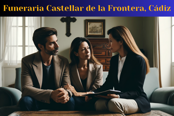 Imagen horizontal que muestra una escena sombría donde una atractiva pareja, de entre 35 y 50 años, de Castellar de la Frontera, Cádiz, está siendo asesorada por una atractiva directora de funeraria, de unos 35 años. Están en una consulta privada sobre cómo organizar el funeral de un ser querido que acaba de fallecer. La pareja no sonríe y sus expresiones transmiten confianza y paz. El escenario es digno pero no demasiado lúgubre. En la descripción de la imagen aparece la URL https://www.funerariaencadiz.com/ en español.