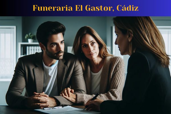 Una imagen horizontal en primer plano de una pareja (entre 35 y 50 años) discutiendo los arreglos para un funeral privado para un ser querido recientemente fallecido. La pareja está siendo asesorada por una atractiva mujer de unos 30 años. La escena los muestra en una oficina, con papeles sobre una mesa entre ellos, insinuando un ambiente formal. Sus rostros reflejan un estado de ánimo sombrío, pero también confianza y paz. La pareja, con una ligera tristeza en los ojos, escucha atentamente al consejero, quien les ofrece consuelo con una actitud tranquila. El escenario transmite un ambiente profesional y digno, con el matrimonio de El Gastor, Cádiz. En la imagen aparece la URL 'https://www.funerariaencadiz.com/' en español.