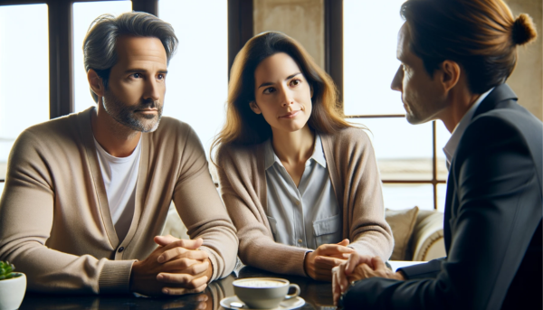 Una imagen horizontal en primer plano de una atractiva pareja de mediana edad (entre 35 y 50 años), en una consulta seria y tranquila con una atractiva joven directora de funeraria (de unos 35 años). Están sentados a una mesa, sin sonreír, pero sus rostros exudan confianza y paz. El escenario sugiere que están discutiendo un arreglo funerario privado para un ser querido recientemente fallecido. El ambiente es sombrío pero no lúgubre. Al fondo, una sutil inclusión de la URL 'https://www.funerariaencadiz.com/' en estilo español. La escena está ambientada en El Puerto de Santa María, Cádiz, España.