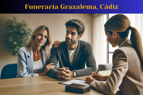 Una escena de primer plano horizontal de una atractiva pareja de mediana edad, de entre 35 y 50 años, que tiene una entrevista personal con una atractiva joven directora de funeraria, también de unos 35 años. Están organizando un funeral privado para un ser querido recientemente fallecido. El ambiente es sombrío pero no lúgubre, sin sonrisas sino expresiones de confianza y paz en sus rostros. El fondo sugiere sutilmente un ambiente de oficina profesional. La imagen incluye la URL 'https://www.funerariaencadiz.com/' en español, y la pareja es de Grazalema, Provincia de Cádiz, España.