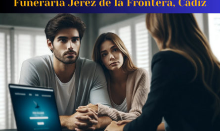 Una imagen horizontal en primer plano de una atractiva pareja joven (de entre 35 y 50 años) en una discusión seria. Piden consejo a una atractiva joven, de unos 35 años, que es directora de funeraria. Las expresiones de la pareja reflejan tristeza, confianza y paz, evitando cualquier pena extrema. El entorno parece profesional y sugiere un funeral privado para un ser querido recientemente fallecido. Al fondo, hay una pantalla de ordenador con la URL de un sitio web, 'https://www.funerariaencadiz.com/'. La escena indica que están en Jerez de la Frontera, Provincia de Cádiz, España. El ambiente es sereno, con una paleta de colores tenues, que enfatiza la gravedad de la situación.