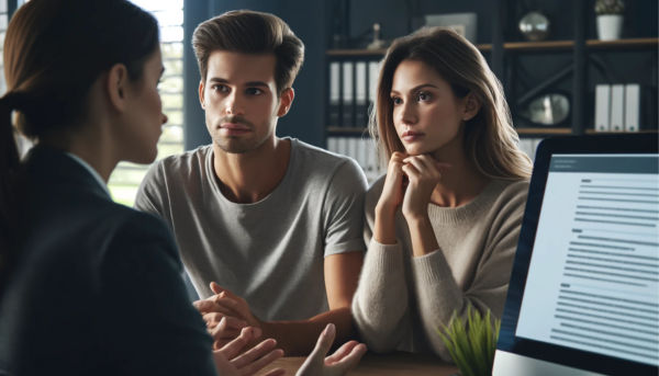 Una imagen horizontal en primer plano de una atractiva pareja joven (de entre 35 y 50 años) en una discusión seria. Piden consejo a una atractiva joven, de unos 35 años, que es directora de funeraria. Las expresiones de la pareja reflejan tristeza, confianza y paz, evitando cualquier pena extrema. El entorno parece profesional y sugiere un funeral privado para un ser querido recientemente fallecido. Al fondo, hay una pantalla de ordenador con la URL de un sitio web, 'https://www.funerariaencadiz.com/'. La escena indica que están en Jerez de la Frontera, Provincia de Cádiz, España. El ambiente es sereno, con una paleta de colores tenues, que enfatiza la gravedad de la situación.