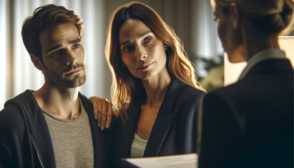 Imagen horizontal en primer plano que muestra a una atractiva pareja, de entre 35 y 50 años, conversando con el director de una funeraria. La pareja parece sombría pero no angustiada, lo que refleja confianza y paz. El hombre tiene el pelo castaño corto y una barba clara, mientras que la mujer tiene el pelo largo y castaño oscuro. Visten ropa informal y de colores oscuros. Hablan con la directora de la funeraria, una atractiva mujer de unos 35 años, con el pelo rubio recogido hacia atrás y vestida con un traje oscuro y formal. Al fondo, una iluminación suave arroja un brillo cálido en un entorno de oficina moderno, realzando el ambiente digno. Un sutil título dice "https://www.funerariaencadiz.com/". La pareja es de Jimena de la Frontera, Cádiz.