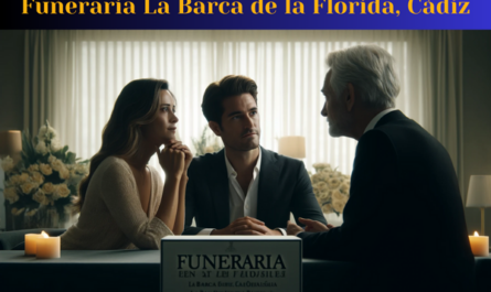 Una escena en primer plano que muestra a un atractivo matrimonio, ambos de entre 35 y 50 años, consultando con un atractivo director de funeraria, de alrededor de 35 años. El escenario muestra una conversación solemne sobre la organización de un funeral privado para un ser querido recientemente fallecido. El marido y la mujer se sientan uno cerca del otro, de cara al director de la funeraria, y sus expresiones reflejan una mezcla de tristeza y paz, pero no demasiado triste. El fondo sugiere sutilmente una atmósfera sombría pero no sombría. En la esquina inferior derecha, en español, aparece la URL: https://www.funerariaencadiz.com/. La pareja y el director de la funeraria parecen ser de La Barca de la Florida, Cádiz, España.