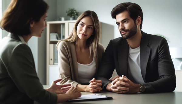 Imagen horizontal que muestra un primer plano de una atractiva pareja joven (de entre 35 y 50 años) consultando a una joven y atractiva directora de funeraria (de unos 35 años). La pareja está participando en una entrevista personal, discutiendo los arreglos para un funeral privado para un ser querido recientemente fallecido. El ambiente es sombrío pero no demasiado triste, y sus expresiones transmiten una sensación de confianza y paz. El escenario está en el Campo de Gibraltar, provincia de Cádiz, y la descripción incluye una URL en español: https://www.funerariaencadiz.com/. La pareja parece española y la escena se desarrolla en un ambiente de oficina, con tonos neutros y decoración minimalista.