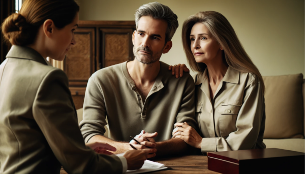 Una imagen horizontal en primer plano de un atractivo matrimonio, de entre 35 y 50 años, que está consultando a una joven y atractiva directora de funeraria, de unos 35 años, sobre cómo organizar un funeral privado para un ser querido recientemente fallecido. La escena es solemne pero no lúgubre. La pareja parece tranquila y serena, reflejando confianza y paz. La imagen incluye texto en español de España, mencionando la URL 'https://www.funerariaencadiz.com/'. La pareja es de Olvera, en la Provincia de Cádiz, y se trata de un encuentro personal, presencial.