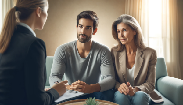 Imagen horizontal que muestra un primer plano de un atractivo matrimonio, de entre 35 y 50 años, recibiendo consejos funerarios. La pareja, un hombre y una mujer, se sientan juntos y dialogan con un joven y atractivo director de funeraria de 35 años, que es hombre o mujer (como se describe). La escena transmite un estado de ánimo sombrío pero pacífico, con los rostros de la pareja reflejando tristeza y confianza, sin sonreír, sino mostrando una tranquila aceptación. El fondo es sutil, con tonos neutros. En español se encuentra visible el texto “https://www.funerariaencadiz.com/”. El entorno se identifica como Puerto Serrano, Cádiz, España.