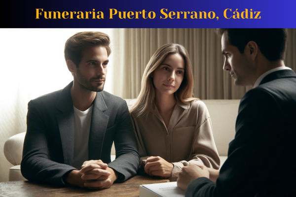 Imagen horizontal que muestra un primer plano de un atractivo matrimonio, de entre 35 y 50 años, recibiendo consejos funerarios. La pareja, un hombre y una mujer, se sientan juntos y dialogan con un joven y atractivo director de funeraria de 35 años, que es hombre o mujer (como se describe). La escena transmite un estado de ánimo sombrío pero pacífico, con los rostros de la pareja reflejando tristeza y confianza, sin sonreír, sino mostrando una tranquila aceptación. El fondo es sutil, con tonos neutros. En español se encuentra visible el texto “https://www.funerariaencadiz.com/”. El entorno se identifica como Puerto Serrano, Cádiz, España.