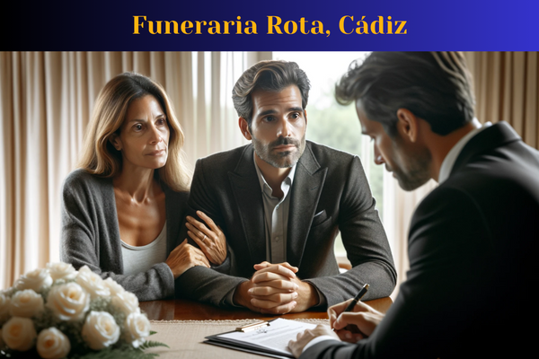 Una imagen horizontal en primer plano de un atractivo matrimonio de entre 35 y 50 años. La pareja está enfrascada en una reunión personal con un asesor funerario para organizar un funeral privado para un ser querido recientemente fallecido. El asesor es un hombre atractivo de unos 35 años. La escena es solemne pero no triste, sin sonrisas en sus rostros, sino que refleja confianza y paz. El asesor habla con calma y la pareja escucha atentamente. La imagen está descrita en español, con la siguiente URL incluida: https://www.funerariaencadiz.com/. El matrimonio es de Rota, Cádiz.