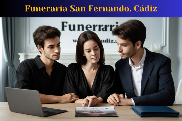 Una imagen horizontal en primer plano de una pareja joven de unos 40 años de San Fernando, Cádiz, discutiendo los arreglos con un profesional del servicio funerario. La pareja parece sombría, sin sonreír, pero sus rostros reflejan confianza y paz. Están sentados en una mesa de madera, frente a una joven profesional funeraria, también de unos 30 años, que les explica los servicios disponibles. Tiene el cabello oscuro recogido en un moño prolijo y está vestida con un traje negro formal. Sobre la mesa hay un folleto y una computadora portátil, lo que indica que están repasando los detalles. Al fondo se ve la URL del sitio web https://www.funerariaencadiz.com/.