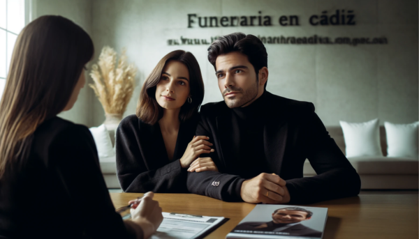 Una imagen horizontal en primer plano de una pareja joven de unos 40 años de San Fernando, Cádiz, discutiendo los arreglos con un profesional del servicio funerario. La pareja parece sombría, sin sonreír, pero sus rostros reflejan confianza y paz. Están sentados en una mesa de madera, frente a una joven profesional funeraria, también de unos 30 años, que les explica los servicios disponibles. Tiene el cabello oscuro recogido en un moño prolijo y está vestida con un traje negro formal. Sobre la mesa hay un folleto y una computadora portátil, lo que indica que están repasando los detalles. Al fondo se ve la URL del sitio web https://www.funerariaencadiz.com/.