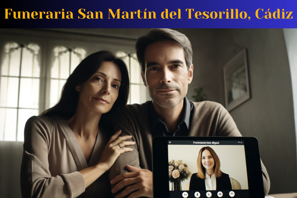 Un primer plano horizontal de una atractiva pareja de mediana edad (35-50 años) de San Martín del Tesorillo, Cádiz, en una consulta por videollamada sombría pero pacífica con una atractiva directora de funeraria de 35 años. Están planeando un funeral privado para un ser querido recientemente fallecido. La escena debe reflejar confianza y paz en sus rostros, sin sonrisas. La imagen debe tener una atmósfera serena y respetuosa, insinuando tristeza pero no demasiado lúgubre. La descripción de la imagen en español de España incluye la URL: https://www.funerariaencadiz.com/