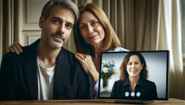 Un primer plano horizontal de una atractiva pareja de mediana edad (35-50 años) de San Martín del Tesorillo, Cádiz, en una consulta por videollamada sombría pero pacífica con una atractiva directora de funeraria de 35 años. Están planeando un funeral privado para un ser querido recientemente fallecido. La escena debe reflejar confianza y paz en sus rostros, sin sonrisas. La imagen debe tener una atmósfera serena y respetuosa, insinuando tristeza pero no demasiado lúgubre. La descripción de la imagen en español de España incluye la URL: https://www.funerariaencadiz.com/