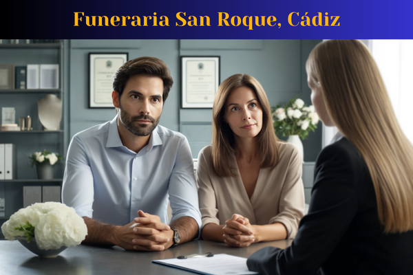 Una imagen horizontal en primer plano de una atractiva pareja casada (de 35 a 50 años) consultando con un profesional de servicios funerarios. La escena muestra a la pareja sentada frente a un profesional funerario en una oficina moderna. El hombre es de complexión media, pelo oscuro y viste una camisa elegante. La mujer tiene el pelo castaño hasta los hombros y lleva una blusa sencilla. Se ven solemnes pero confiados, lo que refleja una comprensión de su situación. Frente a ellos, una joven y atractiva profesional funeraria, de unos 35 años, escucha atentamente, con maquillaje ligero y traje de negocios. El fondo muestra certificados enmarcados y un arreglo floral, enfatizando la naturaleza del entorno. Se ve una URL que indica 'https://www.funerariaencadiz.com/'. El matrimonio es de San Roque, Cádiz.