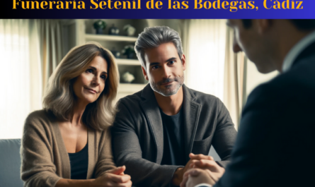 Una imagen horizontal en primer plano de una atractiva pareja de mediana edad (entre 35 y 50 años), en profunda consulta con un atractivo y joven director de funeraria (de unos 35 años). Están en una entrevista personal, discutiendo los arreglos para un funeral privado para un ser querido recientemente fallecido. El ambiente es sombrío pero no lúgubre, y la pareja muestra expresiones de confianza y paz, pero no sonríe. La escena captura una sensación de profesionalismo y calma. De fondo, incluya una visualización sutil de la URL del sitio web: https://www.funerariaencadiz.com/. Los personajes son residentes de Setenil de las Bodegas, Provincia de Cádiz, España.