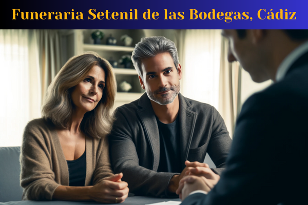 Una imagen horizontal en primer plano de una atractiva pareja de mediana edad (entre 35 y 50 años), en profunda consulta con un atractivo y joven director de funeraria (de unos 35 años). Están en una entrevista personal, discutiendo los arreglos para un funeral privado para un ser querido recientemente fallecido. El ambiente es sombrío pero no lúgubre, y la pareja muestra expresiones de confianza y paz, pero no sonríe. La escena captura una sensación de profesionalismo y calma. De fondo, incluya una visualización sutil de la URL del sitio web: https://www.funerariaencadiz.com/. Los personajes son residentes de Setenil de las Bodegas, Provincia de Cádiz, España.