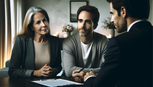 Una imagen horizontal en primer plano de una atractiva pareja de mediana edad (entre 35 y 50 años), en profunda consulta con un atractivo y joven director de funeraria (de unos 35 años). Están en una entrevista personal, discutiendo los arreglos para un funeral privado para un ser querido recientemente fallecido. El ambiente es sombrío pero no lúgubre, y la pareja muestra expresiones de confianza y paz, pero no sonríe. La escena captura una sensación de profesionalismo y calma. De fondo, incluya una visualización sutil de la URL del sitio web: https://www.funerariaencadiz.com/. Los personajes son residentes de Setenil de las Bodegas, Provincia de Cádiz, España.