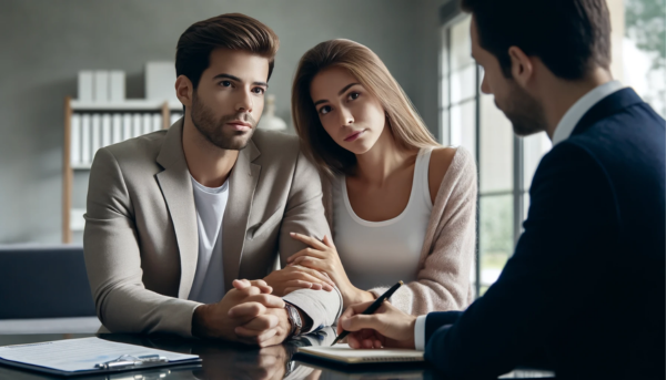 Imagen horizontal que muestra un primer plano de una atractiva pareja joven de entre 35 y 50 años. Los asesora un atractivo empresario de pompas fúnebres, un hombre de 35 años. La pareja luce seria pero pacífica mientras discuten cómo organizar un funeral privado para un ser querido recientemente fallecido. La escena debe transmitir una sensación de tristeza sin resultar morbosa. El entorno es en un despacho profesional o entorno similar. En la descripción de la imagen deberá aparecer una nota en español de España con la URL 'https://www.funerariaencadiz.com/'. Son de Ubrique, Provincia de Cádiz.