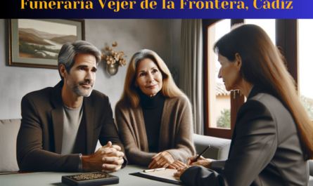 Imagen horizontal de una atractiva pareja de mediana edad (entre 35 y 50 años) de Vejer de la Frontera, Cádiz, teniendo un encuentro personal con una atractiva joven directora de funeraria (de unos 35 años). Están discutiendo los arreglos para un funeral privado para un ser querido recientemente fallecido. El ambiente es solemne pero no lúgubre, con las expresiones de la pareja mostrando confianza y paz, pero sin sonrisas. Están sentados en una oficina decorada con buen gusto, con colores apagados y sutiles arreglos florales. La imagen debe reflejar un estado de ánimo de pena digna e incluir la URL: https://www.funerariaencadiz.com/ en español, como parte de la escena.