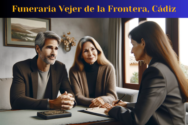 Imagen horizontal de una atractiva pareja de mediana edad (entre 35 y 50 años) de Vejer de la Frontera, Cádiz, teniendo un encuentro personal con una atractiva joven directora de funeraria (de unos 35 años). Están discutiendo los arreglos para un funeral privado para un ser querido recientemente fallecido. El ambiente es solemne pero no lúgubre, con las expresiones de la pareja mostrando confianza y paz, pero sin sonrisas. Están sentados en una oficina decorada con buen gusto, con colores apagados y sutiles arreglos florales. La imagen debe reflejar un estado de ánimo de pena digna e incluir la URL: https://www.funerariaencadiz.com/ en español, como parte de la escena.