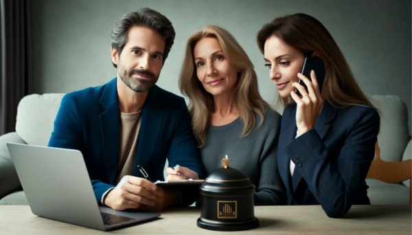 En una imagen horizontal, represente una escena en primer plano de una atractiva pareja casada (entre 35 y 50 años) que están hablando por teléfono, haciendo videollamadas, en una entrevista personal o enviando correos electrónicos. Están hablando con una joven y atractiva directora de funeraria de 35 años sobre la posibilidad de organizar un funeral privado para un ser querido recientemente fallecido. La escena es solemne, sin sonrisas; sus rostros muestran confianza y tranquilidad. En la descripción de la imagen, escrita en español de España, se deberá incluir la URL: https://www.funerariaencadiz.com/. Son de Zahara de la Sierra, Provincia de Cádiz.