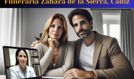 En una imagen horizontal, represente una escena en primer plano de una atractiva pareja casada (entre 35 y 50 años) que están hablando por teléfono, haciendo videollamadas, en una entrevista personal o enviando correos electrónicos. Están hablando con una joven y atractiva directora de funeraria de 35 años sobre la posibilidad de organizar un funeral privado para un ser querido recientemente fallecido. La escena es solemne, sin sonrisas; sus rostros muestran confianza y tranquilidad. En la descripción de la imagen, escrita en español de España, se deberá incluir la URL: https://www.funerariaencadiz.com/. Son de Zahara de la Sierra, Provincia de Cádiz.