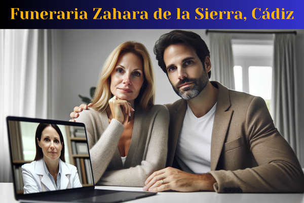 En una imagen horizontal, represente una escena en primer plano de una atractiva pareja casada (entre 35 y 50 años) que están hablando por teléfono, haciendo videollamadas, en una entrevista personal o enviando correos electrónicos. Están hablando con una joven y atractiva directora de funeraria de 35 años sobre la posibilidad de organizar un funeral privado para un ser querido recientemente fallecido. La escena es solemne, sin sonrisas; sus rostros muestran confianza y tranquilidad. En la descripción de la imagen, escrita en español de España, se deberá incluir la URL: https://www.funerariaencadiz.com/. Son de Zahara de la Sierra, Provincia de Cádiz.